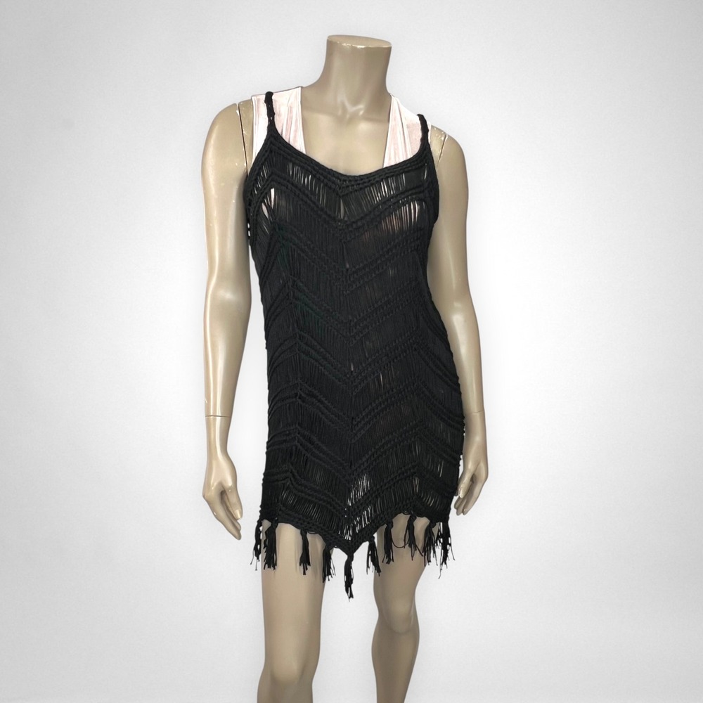 NWT FOREVER 21 Tassel-Trim Crochet Black Mini Dress S